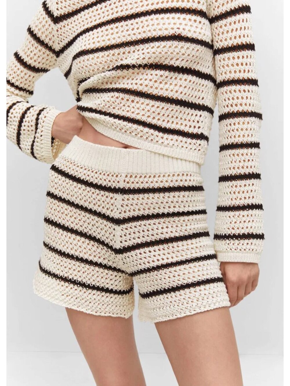 Mango MNG Cream Black Striped Crochet Open Knit Shorts